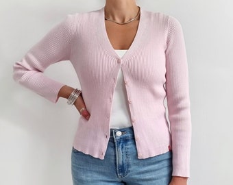 Y2K Vintage Pink Ribbed V-Neck Cardigan | 00's Pastel Pink Knit Top | Small - Medium