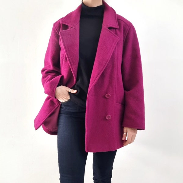 Manteau court en laine rose violet des années 80 | Veste d'hiver vintage pour femme | Moyenne