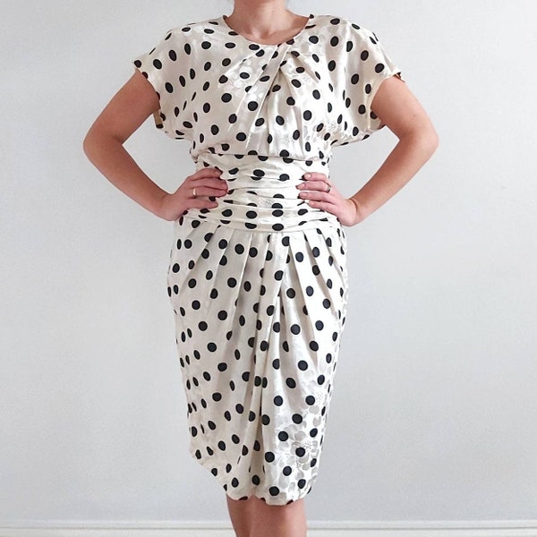 80's Vintage Polka Dot Silk Dress // Black & White Ruched Summer Dress // Small