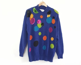 Vintage Blue Jumper w Bright Rainbow Spots & Sequins // Medium