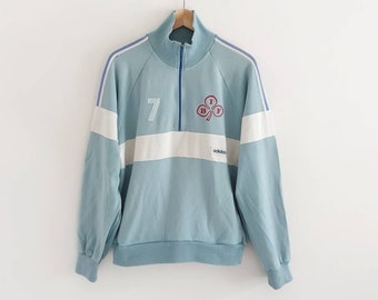 80&#39;s Vintage Adidas Sweater in Pastel Blue and White // Team Sports Jumper // Medium