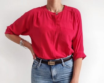 Camicetta di seta rosa magenta brillante vintage / camicia senza colletto a maniche lunghe da donna / media