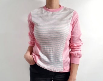 Vintage Pastel Pink & Stripe Sweater | Casual Jersey Top | Sporty Jumper | Small | Made in Belgium