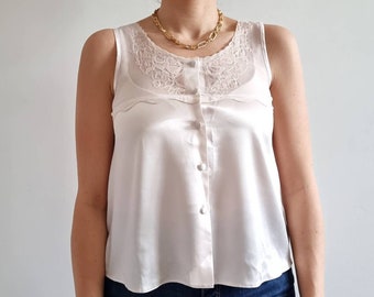 Vintage Crema Satin & Pizzo Camisole Gilet Top // Piccolo