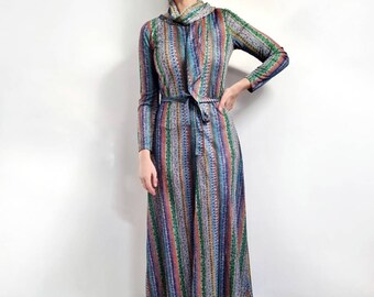 Vintage Maxi Flower Power Dress // Long Sleeve Green Floral Stripe Dress // Hippie Dress // Small - Medium