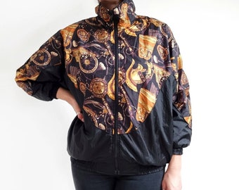 80&#39;s Vintage Black & Gold Motif Print Shell Suit Jacket | Tracksuit Top | Medium