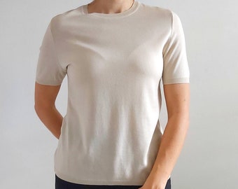 Vintage Salvatore Ferragamo Beige Wool Knit T-shirt // Short Sleeve Blouse // Small - Medium