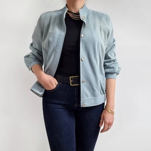 Bomber vellutato da donna blu pastello vintage anni &#39;80 / giacca leggera menta corta / piccolo - medio / Made in W-Germany