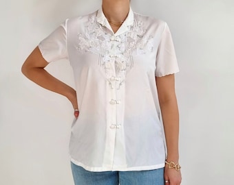 Vintage Embroidered White Blouse | Oriental Style Pretty Blouse | Small - Medium