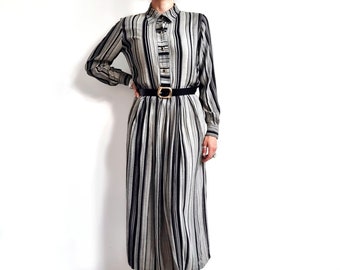 Vintage Black & White Striped Shirt Dress by Anna Maxwell | Long Sleeve Smart Dress | Medium | Made in England