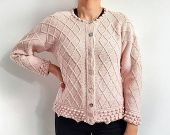 Vintage Dusty Pink Cotton Cardigan // Textured 3D Pearl Button Ladies Knit Jumper // Small - Medium // Made in England