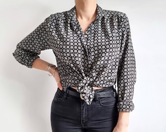 Vintage Black & White Geometric Motif Blouse | Monochrome Print Ladies Long Sleeve Shirt | Medium | Made in UK