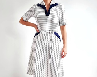Vintage Navy & White Stripe Nautical Dress // Midi Striped Dress With Collar // Medium // Made In England
