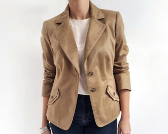 Vintage Beige Brown Faux Suede Ladies Blazer | Neutral Suedette Jacket | Medium