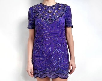 80's Vintage Blue Beaded Mini Jurk | Occational Scallopped Hemline Jurk met korte mouwen | Gemiddeld