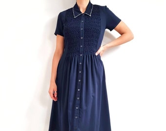 90’s Vintage Navy Smock Dress w Pockets // Midi Button Through Shirt Dress w Beaded Collar // Small