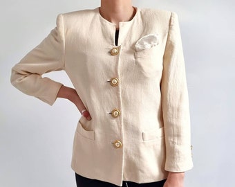 Blazer en laine crème vintage des années 80 avec boutons dorés et perlés // Veste sans col intelligente pour dames // Moyen