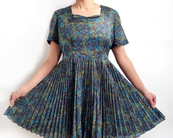 Vintage Handmade Short Pleated Dress | Dark Abstract Print Dress | Medium