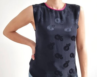 Vintage Black Floral Jacquard Top // Sleeveless Summer Blouse W Pink Trim // Small