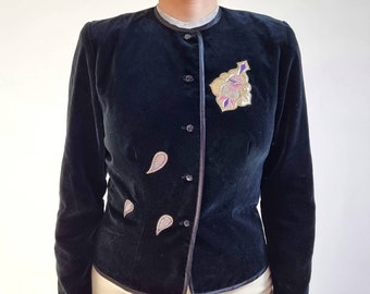 Czarny aksamit vintage ze złotą aplikacją paisley // Kurtka damska // Średnia // Wyprodukowano w Niemczech