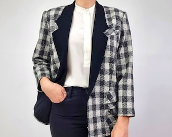 Vintage Black & White Check Ladies Blazer | Monochrome Plaid Smart Jacket // Medium