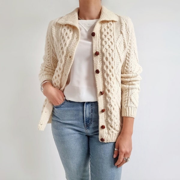 Vintage Chunky Wool Cardigan | Natural Cable Knit Ladies Leather Knot Button Jumper | Small