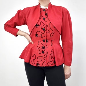 80&#39;s Vintage Red & Black Embellished Peplum Blazer w Silk Lining | Boutique Ladies Blazer | Small - Medium