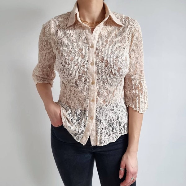 Chemise en dentelle crème vintage des années 90 | Chemisier en dentelle à froufrous | Petit moyen