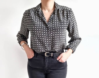 Vintage Black & White Geometric Motif Blouse | Monochrome Print Ladies Long Sleeve Shirt | Medium | Made in UK