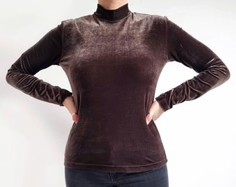 90's Vintage Brown Velvet Turtleneck Top | High Neck Long Sleeve Velvet Jersey Blouse | Medium - Large | Made in England