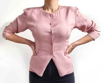 Vintage Dusty Pink Silk Mix Blazer Blouse // Long Sleeve Smart Fitted  Blouse // Small // Made in Italy