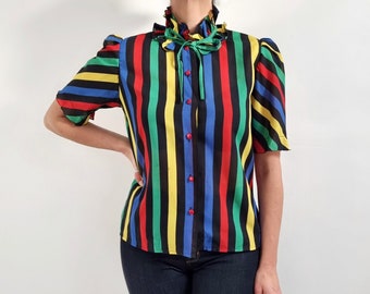 Vintage Circus Stripe Frilly Collar Blouse | Ladies Short Sleeve Bright Stripe Top | Small - Medium