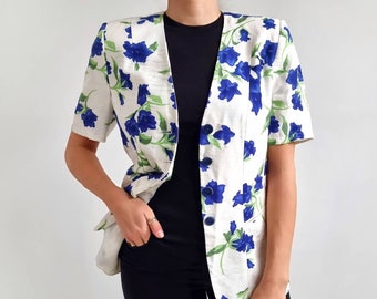 Vintage Short Sleeve Summer Blazer // Ladies Floral Jacket In White & Blue // Small - Medium // Made in Germany