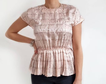 Vintage Pink Pure Silk Peplum Blouse | Short Sleeves Ladies Jacquard Top | Extra Small - Small