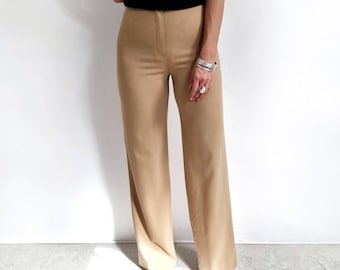 NEW Vintage Pure Wool Smart Beige Ladies Straight Leg Trousers // Small - Medium
