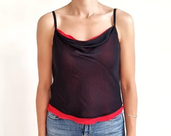 00's Vintage Two Layer Strap Blouse // Black & Red Cropped Vest Top // Medium