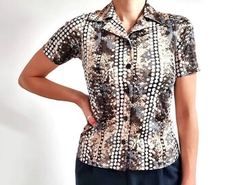 80's Vintage Abstract Print Summer Blouse // Ladies Short Sleeve Shirt In Brown, White & Black // Small