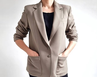 Vintage 80's Beige Ladies Blazer // Smart Taupe Jacket // Large Size // Made in United Kingdom