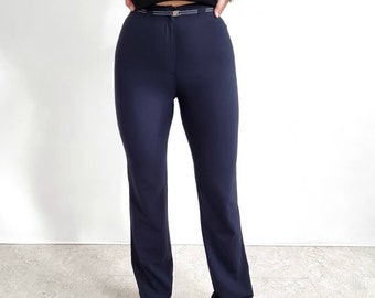 NEW 00年代 ヴィンテージ スマート ネイビー レディース スリム ストレート レッグ パンツ // ベルト付きウール パンツ // S