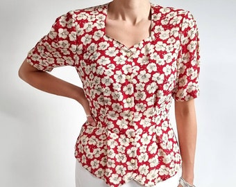 NEW St. Michael Vintage Red & Cream Floral Blouse // Flower Print Short Sleeve V-Neck Summer Blouse // Medium // Made in U.K.