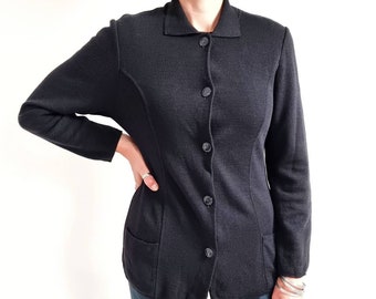 Vintage Black Wool Mix Cardigan With Collar // Knit Ladies Minimalist Blazer // Small - Medium // Made in Italy
