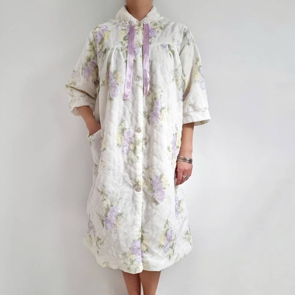 Vintage Pastel Floral Padded House Coat | Yellow & Lilac Frilly Midi Dressing Gown | Medium - Large