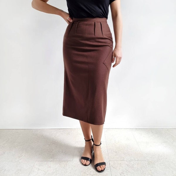 Vintage Brown Wool Long Pencil Skirt | Midi Smart Skirt | Small | Made in Italy