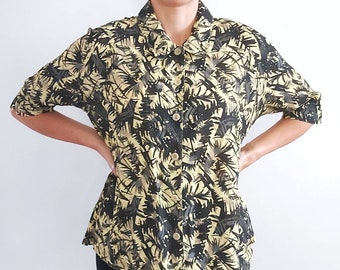 Vintage Gelb & Schwarz Abstrakt Print Bluse / Medium Kurzarm Top