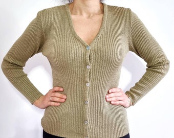 00&#39;s Vintage Gold Ribbed V-neck Cardigan // Y2K Sparkly Jumper Top // Small