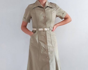 Vintage Olive Green Shirt Dress with Woven Belt // Khaki Military Midi Dress // Small