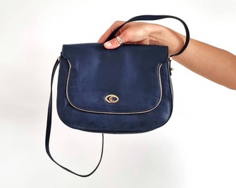 Vintage Navy Leather & Gold Detail Crossbody Bag // Long Strap Handbag // 2-in-1 Clutch Bag