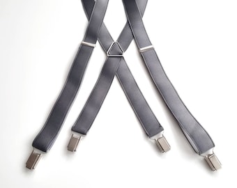 Vintage Men&#39;s Grey Suspenders // Trouser Braces With Silver Clips