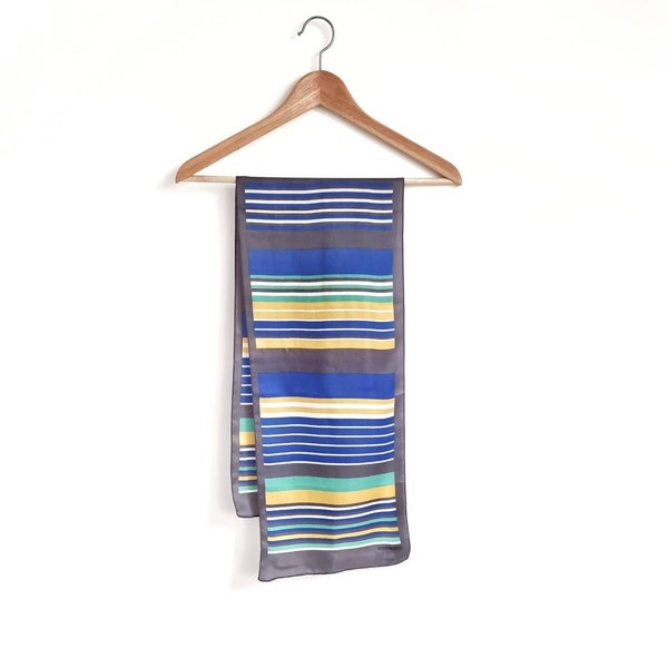90's Vintage Schuberth Long Thin Bright Stripe Scarf // Blue, Grey, Green & Yellow Striped Scarf
