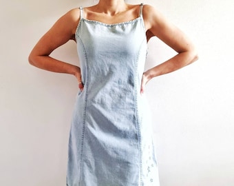 90's Vintage Denim Mini Dress With Star Embroidery // Large